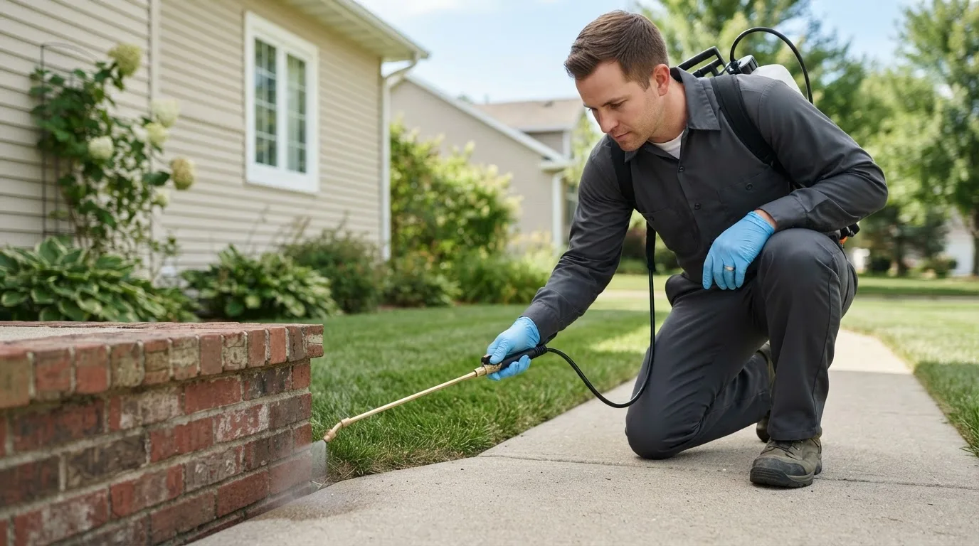 Pest control technician treating a home near Fremont, WI